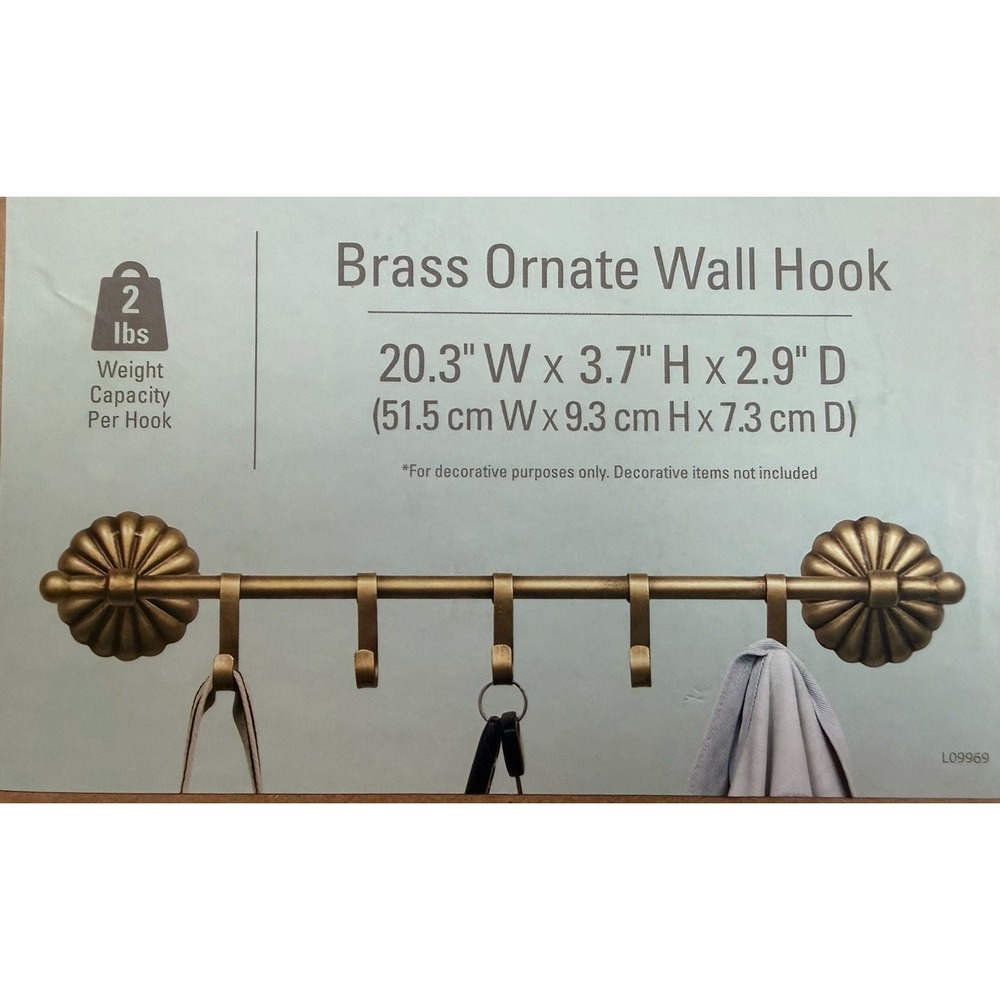 Brass Ornate Wall Hook Rail 5 Hooks 20.3"x3.7"x2.9" New